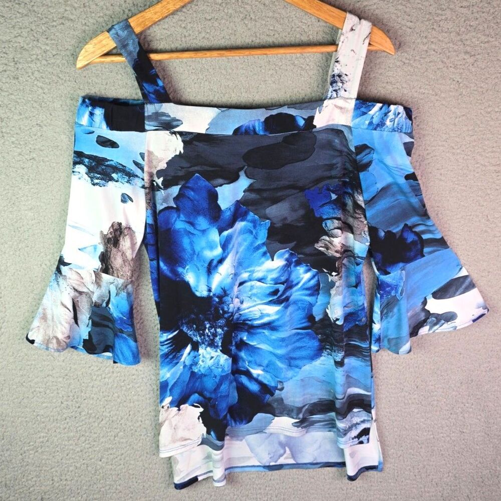Frank Lyman Design Bell Sleeve Blue Floral Blouse 12 Boho Art